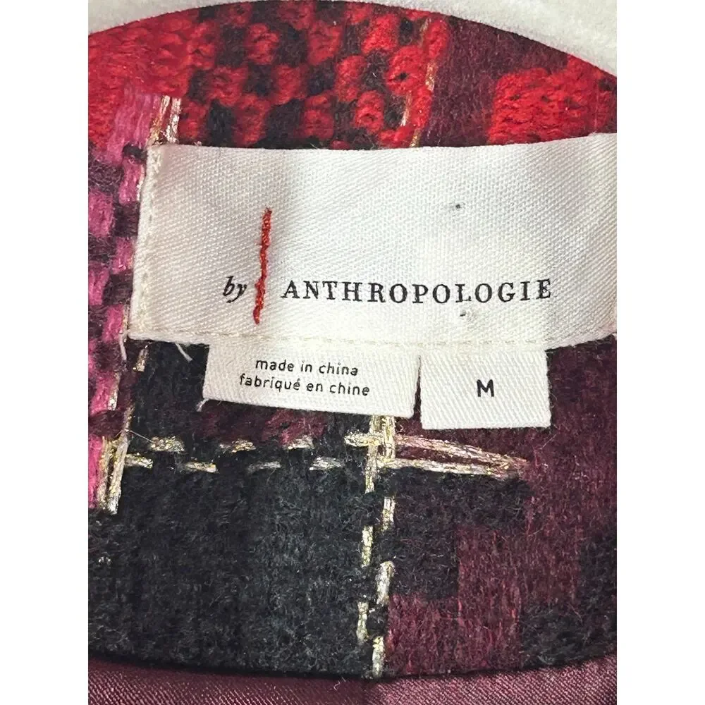 Anthropologie Exploded Plaid Tweed Blazer Medium Red Pink Gold Button Jacket